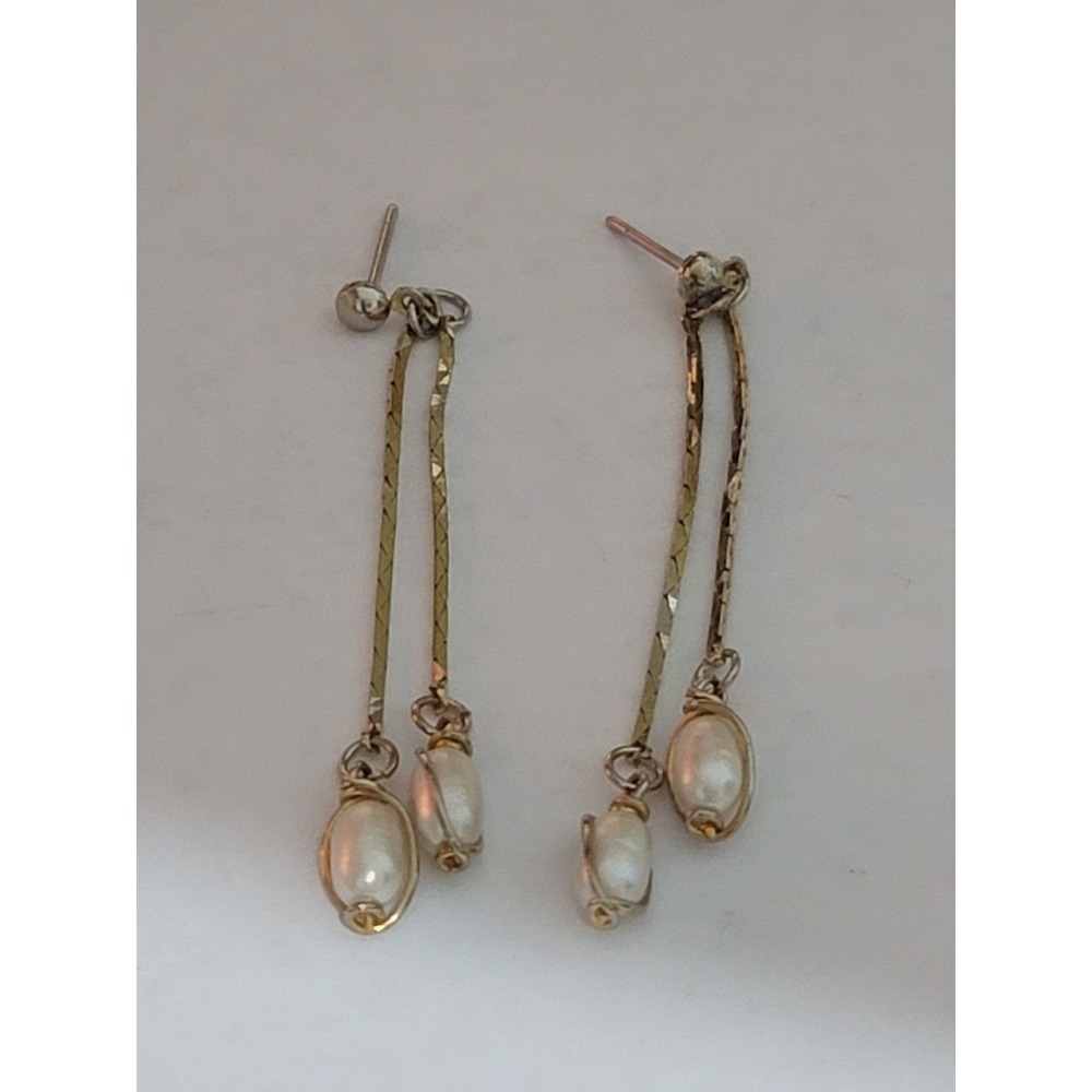 Gold Tone Double Strand Snake Chain Faux Pearl Wire Wrapped Drop Earrings